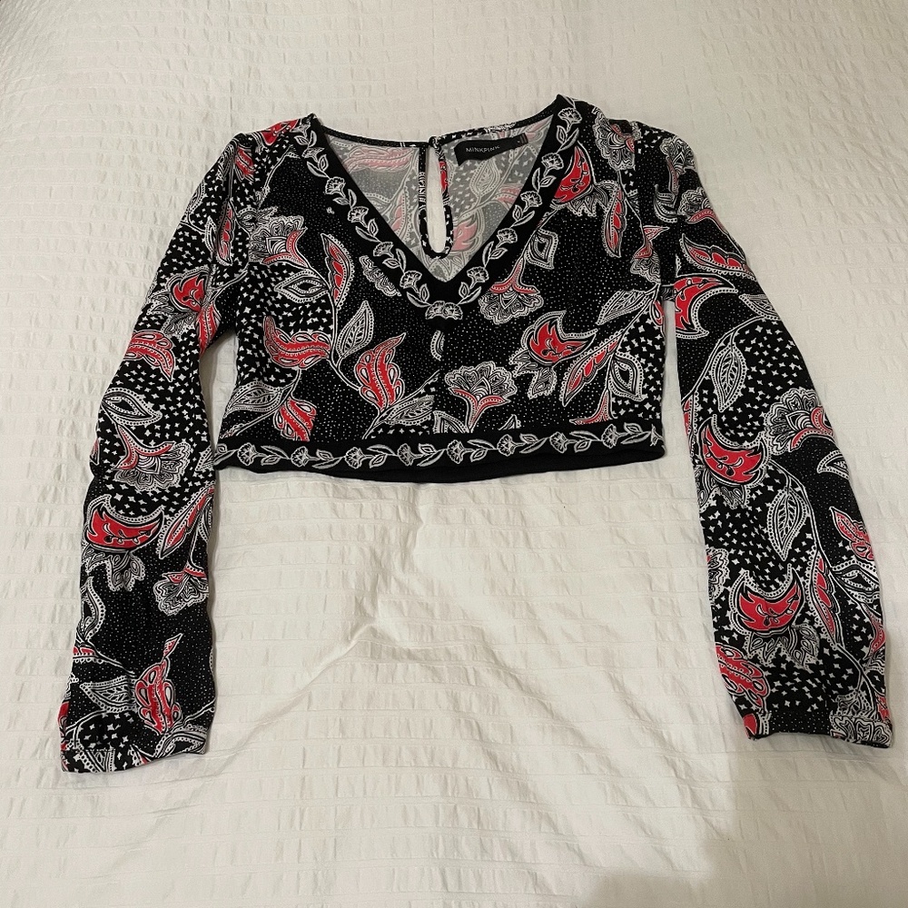 MinkPink cropped long sleeve paisley top